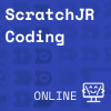 dark blue square with scratchjr coding blocks in backgroudn, Coder Kids icon
